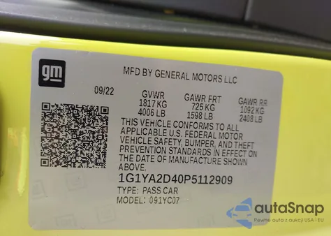 2023 Chevrolet Corvette Stingray Rwd 1Lt from USA, damaged, VIN 1G1YA2D40P5112909